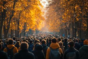 Photo of a huge crowd of people on a sunny autumn day. There are yellow leaves on the trees. Generated by artificial intelligence