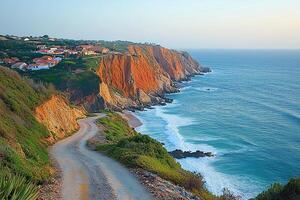 Dirt road along the ocean. Road along the rocky shore. Magnificent scenery photo