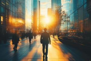 Blurred photo of business people walking in the business center of a metropolis, soft evening sunlight. Generated by artificial intelligence