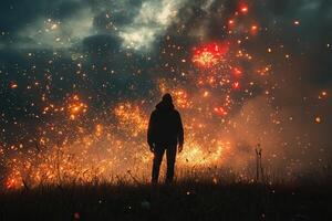 Silhouette of a man standing in front of a fire flame with sparks in the dark. Generated by artificial intelligence. photo
