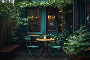 A small cozy cafe with a table outside, surrounded by green bushes. Generated by artificial intelligence photo
