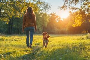 Back view of woman with dog in spring nature. Pet owner walks with his retriever in park. Generated by artificial intelligence photo