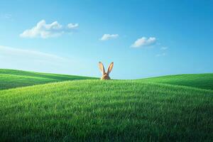 The Easter bunny's ears are sticking out in the green grass behind the hill. Generated by artificial intelligence photo