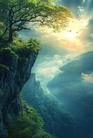 Lush green tree on top of cliff in mountains with sun rays. Vertical nature background. Generated by artificial intelligence photo