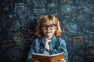A smart elementary school girl wearing glasses and holding a book at the blackboard. Generated by artificial intelligence photo
