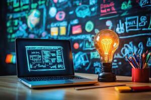 Mockup of burning incandescent lamp next to open laptop on desktop. Concept of new ideas and learning. Generated by artificial intelligence photo