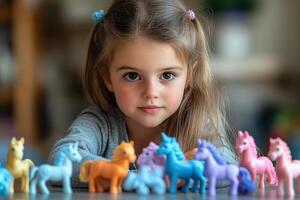 Little girl playing with little ponies on table in nursery. Educational game. Learning through play. Generated by artificial intelligence photo
