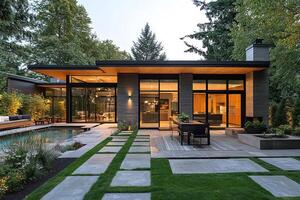 Beautiful backyard in a modern style with an area for relaxation and barbecue in the summer. Generated by artificial intelligence photo