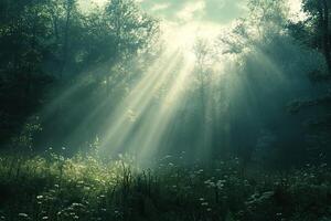 Early morning landscape in deciduous forest. The sun is pouring beautiful rays of light through the fog and trees. Bright rays of sunlight on a foggy meadow. Desaturated color photo