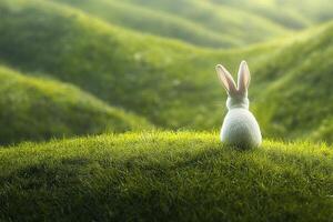 Back view of white rabbit with long ears sitting on green hill. Easter banner with copy space. Generated by artificial intelligence photo
