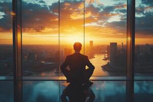 Back view of successful businessman in suit sitting in office in front of panoramic window with view of evening metropolis. End of the working day at the office. photo