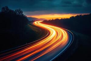 Bright light stripes on the highway outside the city at night. Generated by artificial intelligence. photo