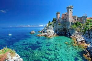 An ancient stone castle on a cliff above the azure surface of the ocean photo