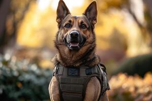 Portrait of a German Shepherd wearing a bulletproof vest on a mission. Generated by artificial intelligence photo