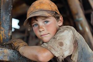 A boy in dirty, torn clothes helps at a construction site. Generated by artificial intelligence photo