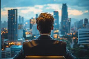 Horizontal photo businessman sitting on chair in office and looking out window at modern buildings of big city resting after work. Concept of success and career growth.