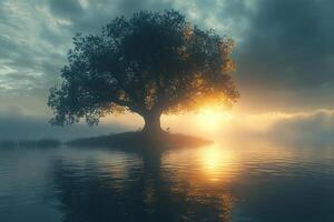 Tree growing in water. A lonely tree in the water reflects itself in the fog at dawn. Generated by artificial intelligence. photo