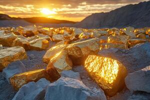 Large gold nuggets lie among rocks in a quarry in the light of sunset. Generated by artificial intelligence photo
