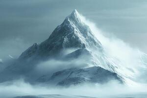 Panorama of a high mountain with snow in cloudy windy weather. Generated by artificial intelligence. photo