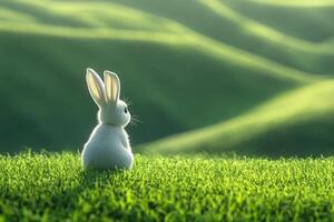 Back view of white rabbit with long ears sitting on green hill. Easter banner with copy space. photo