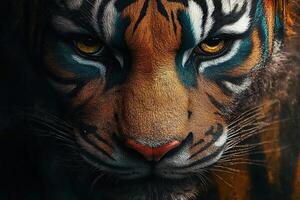 Close-up of a tiger looking at the camera against a dark background. Predator in the wild. photo