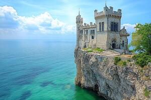 An ancient stone castle on a cliff above the azure surface of the ocean. photo