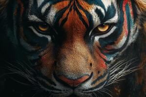 Close-up of a tiger looking at the camera against a dark background. Predator in the wild. Generated by artificial intelligence photo