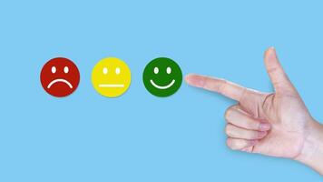 Review, Rating Satisfaction concepts, Customer Service and Satisfaction Business People Touching Virtual Screen with Happy Smiley Face Icon. photo