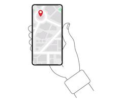 Hand holding a smartphone with map navigation app illustration vector