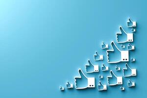 Like symbol, thumbs up on blue background, with copy space. Concept of expressing appreciation, support, acceptance of opinions, and correct practices. photo