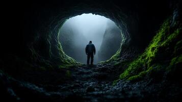 Mysterious Cave Entrance with Lone Explorer - Atmospheric Nature Adventure photo