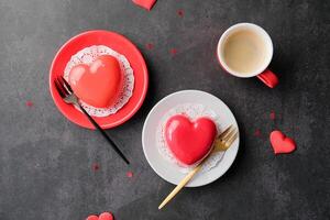 red heart cake and espresso in small cup valentines day , copy space photo