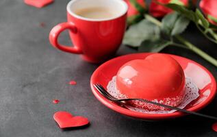 red heart cake and espresso and small cup for valentines day , copy space photo