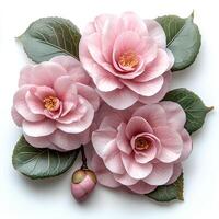 top view of a pink camellia flower bouquet, isolated on a white background, showcasing the soft hues and intricate layers of the flowers in an elegant, romantic design photo