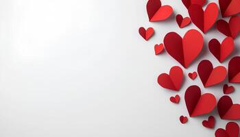 Red hearts placed on a white background, creating a romantic and festive design, ideal for Valentine's Day themes, love-inspired decorations, or celebratory visuals emphasizing passion and affection photo