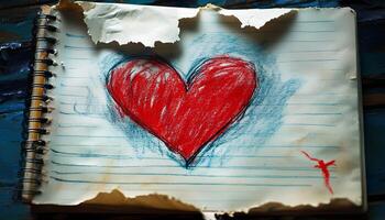 vibrant red heart, hand-drawn on a rugged notebook page with ripped edges, perfect for romantic Valentine's Day vibes photo