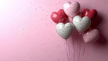 combination of pink and red heart shaped balloons isolated on a simple blank background with confetti scattered around ideal for love themed designs and Valentines Day decorations photo
