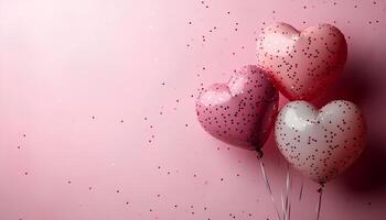 cluster of heart shaped balloons with confetti surrounding them on a light pink background creating a joyful and festive design for Valentines Day or romantic celebrations photo