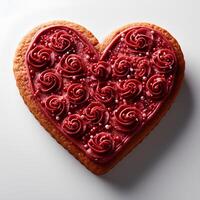 red heart shaped cookie with vibrant red frosting isolated on a white background with a soft shadow perfect for Valentines Day designs and romantic themed celebrations photo