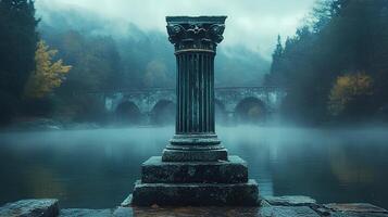 Ancient Greek column surrounded by a river and fog. closeup of Ancient Greek corinthian column in a moody and melancholic environment. Ancient roman architecture with a view photo