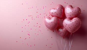Pink and red heart shaped balloons isolated on a light blank background with confetti all around ideal for creating cheerful and romantic visuals for Valentines Day events photo