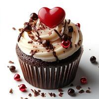 romantic cupcake with a heart on top, isolated on a clean white background, casting a subtle shadow to emphasize the sweetness and charm of this Valentine's Day treat photo