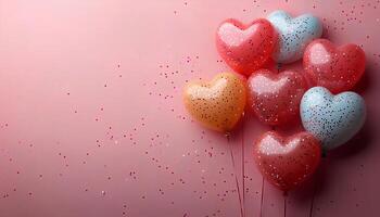 Heart shaped balloons with colorful confetti on a soft light pink background, perfect for creating a festive and romantic atmosphere for Valentines Day celebrations photo
