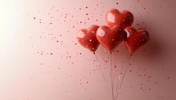 Red and pink heart shaped balloons isolated on a clean simple background with confetti scattered around perfect for adding a fun love filled touch to Valentines Day visuals photo