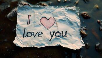 mantic message saying I love you written by hand on creased paper complemented with a heart for Valentines Day photo