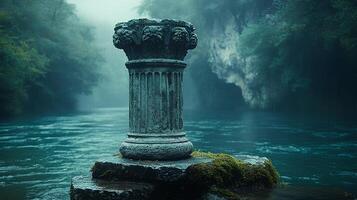 ancient Corinthian column isolated in a serene setting with a flowing river and soft fog perfect for emphasizing the grandeur of Greek and Roman architecture in a melancholic atmosphere photo