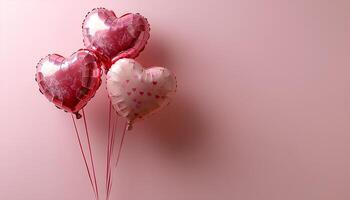 Heart shaped balloons surrounded by confetti on a light pink background adding a festive touch perfect for romantic themed visuals and Valentines Day celebrations photo