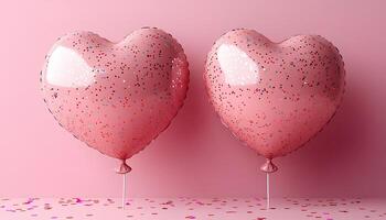 Heart shaped balloons with confetti scattered on a soft pink background perfect for Valentines Day designs bringing romance and celebration to life in a festive and vibrant way photo