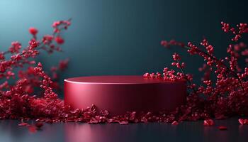 Valentines Day promotional background showcasing a round stage with soft pink and red tones, adorned with glowing lights, romantic hearts, and swirling ribbons for a festive and elegant look photo