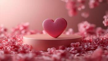 Happy Valentines Day background featuring a cylindrical podium for promotion, with soft pink and red tones, surrounded by hearts, glowing lights, and delicate ribbons for a romantic setting photo